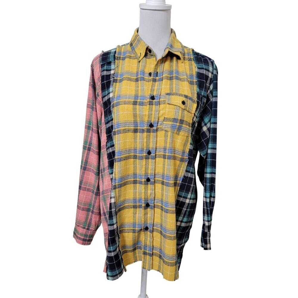 Better Be Size S Plaid Patchwork Flannel Button Down Shirt w/ Raw Seams & Hem